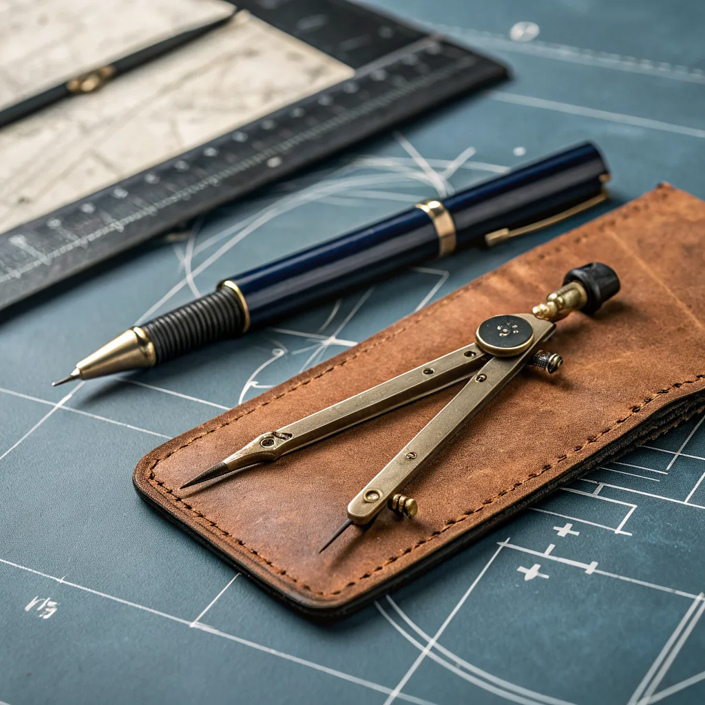 Macro of a brass drafting compass and a fountain pen resting on tan leather over an engineer's blueprint