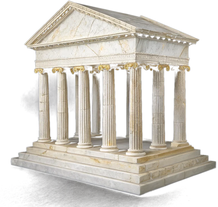 Model of a classical marble portico, one pediment roof over its columns, cracks repaired with veins of gold