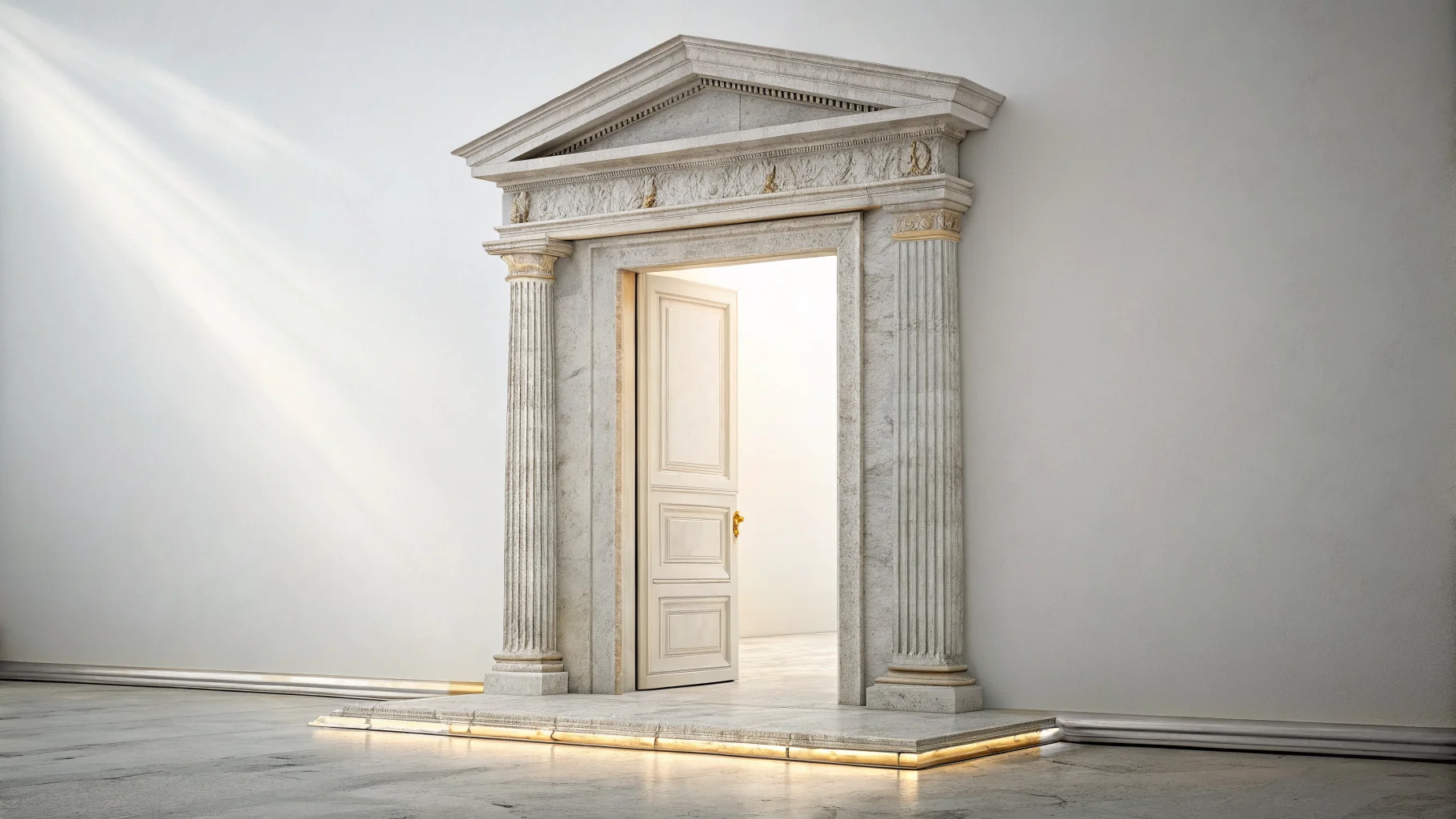 A carved marble doorway standing slightly ajar in pale mist, its threshold traced with a seam of gold